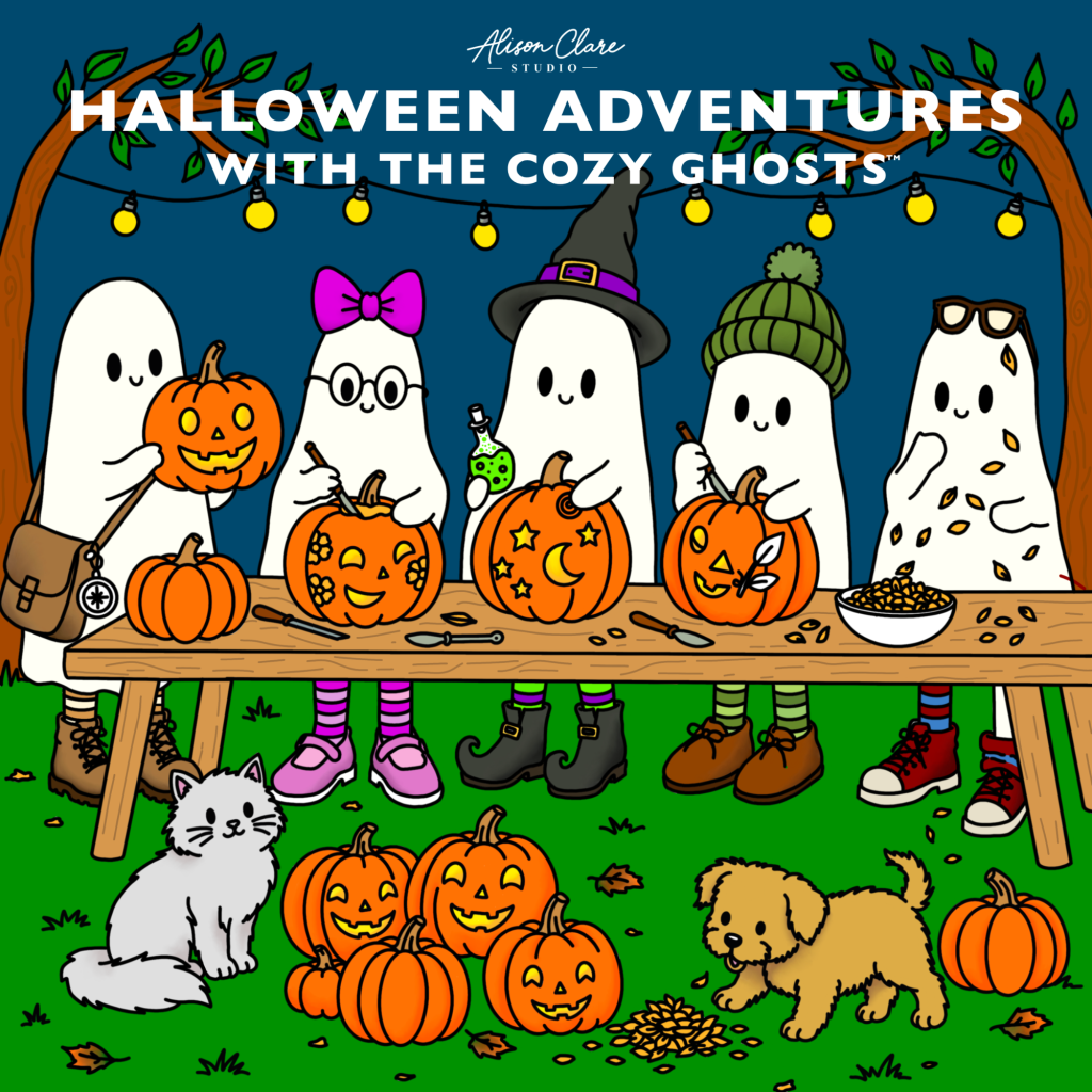 The front cover of Halloween Adventures With The Cozy Ghosts a colouring book featuring cozy scenes and friendly ghosts.